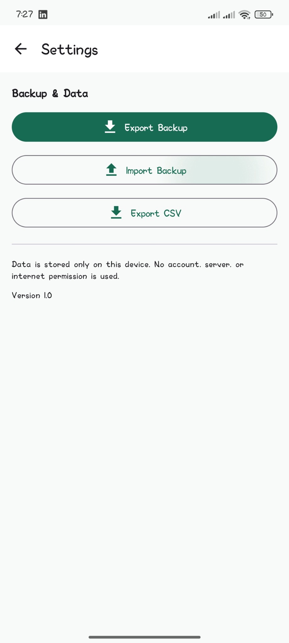 Baki Settings backup and CSV export screen